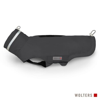 Schwarzer Wolters Hunderegenmantel mit reflektierendem Streifen und verstellbaren Kordelstoppern, entworfen für kleine bis mittelgroße Hunde.