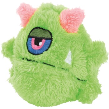 Groen pluchen eenogig monster huisdierspeelgoed met roze hoorns en een witte tand.
