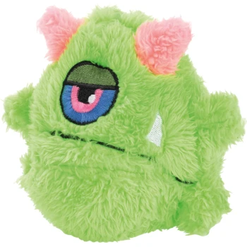 Groen pluchen eenogig monster huisdierspeelgoed met roze hoorns en een witte tand.