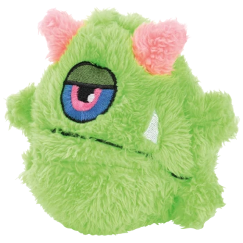Grünes Plüsch-Einäugiges Monster-Tierspielzeug mit rosa Hörnern und einem weißen Zahn.