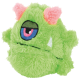 Groen pluchen eenogig monster huisdierspeelgoed met roze hoorns en een witte tand.