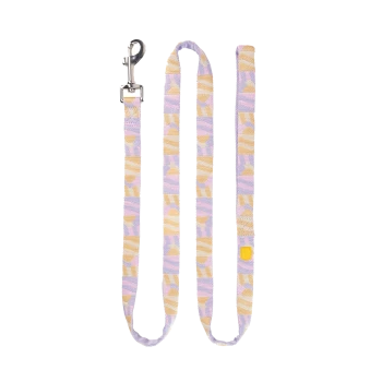 Lila-, rosa- und gelb gemusterte Hundeleine mit Metallverschluss und Schlaufenhandgriff, gelber Logo-Anhänger
