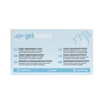 Hellblaue 'getTested' Frühschwangerschafts-Testverpackung für Katzen und Hunde, zeigt 'EARLY PREGNANCY TEST', 'Rapid test', 'Blood'