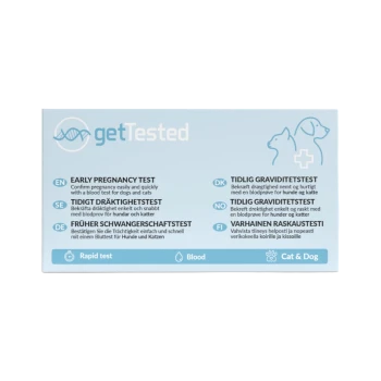 Hellblaue 'getTested' Frühschwangerschafts-Testverpackung für Katzen und Hunde, zeigt 'EARLY PREGNANCY TEST', 'Rapid test', 'Blood'