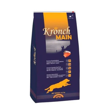 Kronch Hauptfutterbeutel für Hunde mit einer Silhouette einer Person, die angelt, mit Text, der "mit frischem Lachs" und "Premium-Hundefutter" hervorhebt.