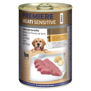Dose Hundefutter mit der Aufschrift "Premiere Meati Sensitive" mit Lamm und Kartoffel, mit einem Foto von rohem Fleisch und einer Kartoffelscheibe.