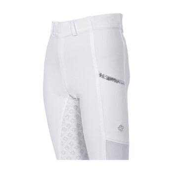 Weiße Reitleggings mit einem eleganten Design, mit einem glänzenden silbernen Streifen und einem gemusterten Seitenpaneel.