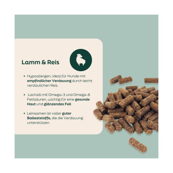 Haufen braunen Hundefutters neben einem Etikett mit der Aufschrift 'Lamm & Reis' und Aufzählungstext zu hypoallergen, Omega‑3/6 und Leinsamen.