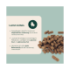 Haufen braunen Hundefutters neben einem Etikett mit der Aufschrift 'Lamm & Reis' und Aufzählungstext zu hypoallergen, Omega‑3/6 und Leinsamen.