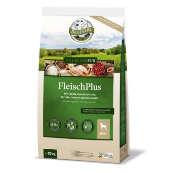 10 kg Sack Bellfor PremiumPur FleischPlus Hundefutter, zeigt Fleisch und Beeren, mit Text über ideale Ernährung für aktive Hunde.