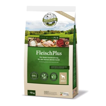 10 kg Sack Bellfor PremiumPur FleischPlus Hundefutter, zeigt Fleisch und Beeren, mit Text über ideale Ernährung für aktive Hunde.