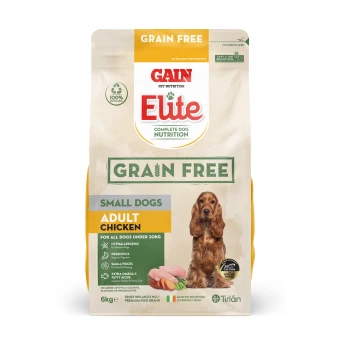 Gain Elite Grain Free dog food bag for small dogs, 6kg, with chicken, hypoallergenic claims, and prebiotics.