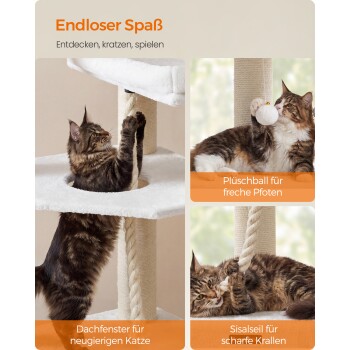 Getigerte Katze, die an einem beigen Kratzbaum mit Sisalseil und Plüschball spielt; Deutscher Text: "Endloser Spaß"; "Plüschball für freche Pfoten"