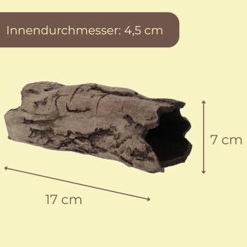 Künstliches hohles Baumstamm-Reptilienversteck mit Maßen: 17 cm Länge, 7 cm Höhe; sichtbarer Text 'Innendurchmesser: 4,5 cm'.