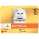 Boîte Purina Gourmet Gold Les Timbales avec chat blanc à poils longs, 12x85 g. Saveurs : au poulet, boeuf, thon, saumon.