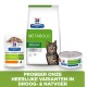 Afbeelding van Hill's Prescription Diet Metabolic huisdiervoeding, met een tabby kat, zak met droogvoer, blik met natvoer en zakje voor gewichtsbeheersing.