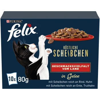 Eine schwarz-weiße Katze greift nach einem Teller mit Katzenfutter; die Verpackung lautet "Felix Köstliche Scheibchen Geschmacksvielfalt vom Land in Gelee."