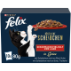 Eine schwarz-weiße Katze greift nach einem Teller mit Katzenfutter; die Verpackung lautet "Felix Köstliche Scheibchen Geschmacksvielfalt vom Land in Gelee."