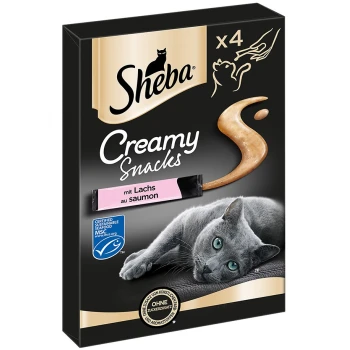Sheba Creamy Snacks Verpackung mit einer grauen Katze, die liegt, mit einem lachsartigen Snack, der in Pink hervorgehoben ist.