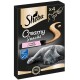 Emballage de Sheba Creamy Snacks présentant un chat gris allongé, avec une collation au goût de saumon mise en avant en rose.