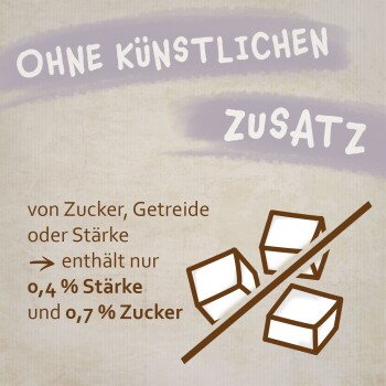 Etikett mit der Aufschrift 'OHNE KÜNSTLICHEN ZUSATZ' mit Details über den niedrigen Stärkegehalt (0,4 %) und Zuckergehalt (0,7 %), mit durchgestrichenen Zuckerstücken.