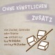 Etikett mit der Aufschrift 'OHNE KÜNSTLICHEN ZUSATZ' mit Details über den niedrigen Stärkegehalt (0,4 %) und Zuckergehalt (0,7 %), mit durchgestrichenen Zuckerstücken.