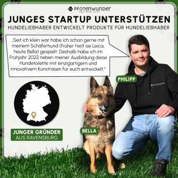 Mann mit Schild „PHILIPP“ und Hund mit Schild „BELLA“ in Pfotenwunder-Anzeige; sichtbarer Text: „JUNGES STARTUP UNTERSTÜTZEN“.