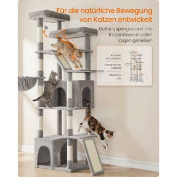 Grauer mehrstufiger Kratzbaum mit drei Katzen; deutsche Überschrift: 'Für die natürliche Bewegung von Katzen entwickelt'.