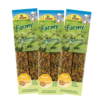 Drei Packungen von JR Farms "Farmy's" Brennnessel-Snacks für Kleintiere, mit bunten gebackenen Leckereien und Text auf Deutsch.