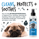 Mops liegt neben einer Bugalugs pH-ausgeglichenen Falten-Spray-Flasche, Text hebt Reinigung, Schutz und Beruhigung der Haustierhaut hervor.