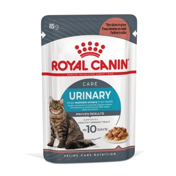 Royal Canin Urinary cat food pouch 85g with tabby cat and bowl; reads 'URINARY' and 'Helps maintain urinary tract health'.