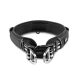 Gepolstertes schwarzes Hundehalsband mit Metallschnalle, schwarz-weiß gestreiftem Gurtband und sichtbarem 'WOLTERS'-Etikett.