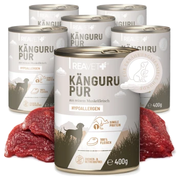 REAVET 'KÄNGURU PUR' Dosen — hypoallergenes Hundefutter; zeigt 'HYPOALLERGEN', 'Single Protein', '100% Fleisch', 'Zucker- & Getreidefrei', 400 g, mit rohem Fleisch.
