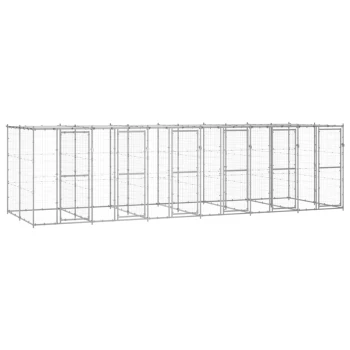 Ein großes, modulares Outdoor-Hundekennel aus Metalldraht, mit mehreren geschlossenen Abschnitten und Türen für einfachen Zugang.