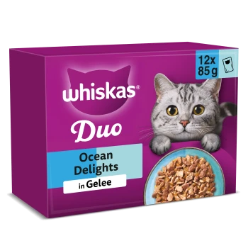 Whiskas Duo „Ocean Delights in Gelee“ Katzenfutter-Packung mit Katzenkopf, Schale mit Nassfutter und Angabe „12 x 85 g“
