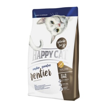 Die Happy Cat Sensitive Grainfree Rentier Katzenfutter-Tüte zeigt eine verspielte weiße Katze auf der Vorderseite, beschriftet mit "All in One" und "Grain Free."