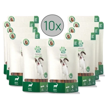 Zehn Packungen Fellicita Hundeleckerlis, mit einem glücklichen Hund auf der Vorderseite, beschriftet mit "Hirsch Venison" und "Soft Sticks" für alle Altersgruppen.