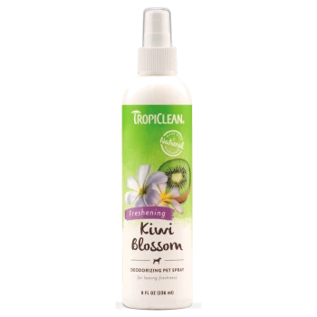 TropiClean Freshening Kiwi Blossom deodorizing pet spray bottle, 8 fl oz, featuring a green label with kiwi and flower graphics.