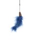 Blue feathered cat toy with a brown attachment, hanging from a chain against a white background.