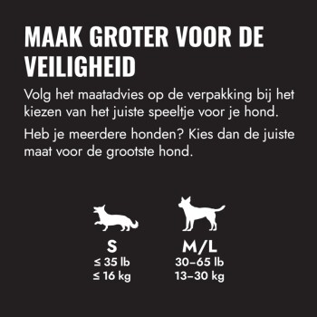 Nederlandse maattabel: 'MAAK GROTER VOOR DE VEILIGHEID' met kleine en M/L hondenpictogrammen; S ≤35 lb (≤16 kg), M/L 30–65 lb (13–30 kg)