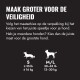 Nederlandse maattabel: 'MAAK GROTER VOOR DE VEILIGHEID' met kleine en M/L hondenpictogrammen; S ≤35 lb (≤16 kg), M/L 30–65 lb (13–30 kg)