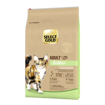 Select Gold Adult Outdoor Katzenfutterbeutel mit einer Calico-Katze auf der Vorderseite, mit einem Text, der Geflügel mit Reis und die Eignung für Freigängerkatzen hervorhebt.