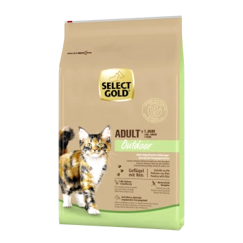 Un sac de nourriture pour chat Select Gold Adult Outdoor avec un chat calico sur le devant, avec un texte mettant en avant la volaille avec du riz et la convenance pour les chats d'extérieur.