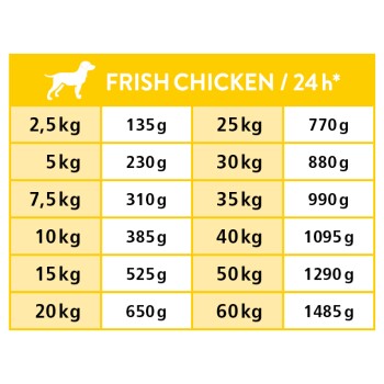 Gelbe Fütterungstabelle mit Titel 'FRISH CHICKEN / 24h', listet Hundegewichte (2,5–60 kg) mit Tagesmengen (135–1485 g).