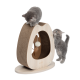 Deux chatons gris joueurs interagissent avec un poteau à gratter moderne pour chats, présentant un design circulaire, une surface texturée et un jouet suspendu.