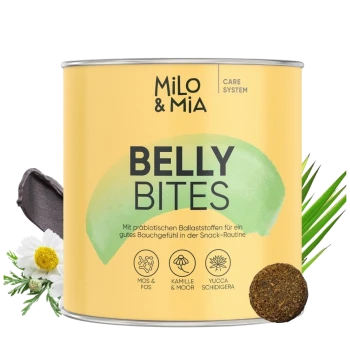 Dose von Milo & Mia Daily Bites für Hunde, beschriftet "Magen & Darm," mit präbiotischen Zutaten, mit einem kleinen runden Leckerli daneben.