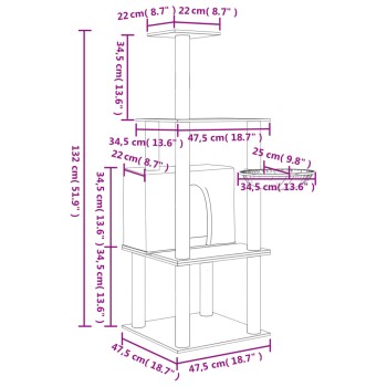 Diagramm eines Katzenbaums mit in Zentimetern und Zoll beschrifteten Abmessungen, mit mehreren Ebenen, einem Versteck und einem Kratzbaum.