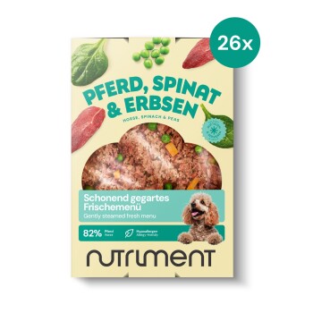Schonend gegartes Frischemenü Pferd, Spinat & Erbsen 26x400 g