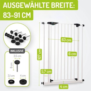 Haustiersicherheitsgitter mit verstellbarer Breite (83-91 cm), Höhe (107 cm) und detaillierten Maßen angezeigt. Enthält Montagematerial.