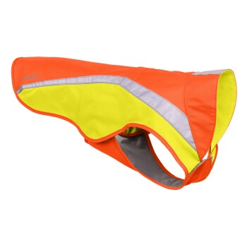 Helle orange und gelbe Hundejacke mit reflektierenden Streifen, entworfen für Sichtbarkeit und Sicherheit bei Outdoor-Aktivitäten.